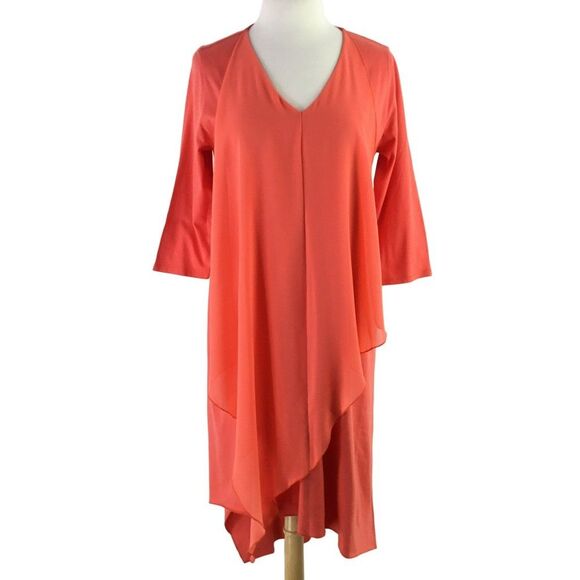 Soft Surroundings Asymmetric Coral Andalou Midi Dress Petite PM Chiffon Front - Picture 8 of 14
